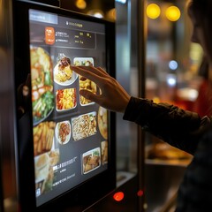 Person using a self service touchscreen kiosk to order food at a modern restaurant