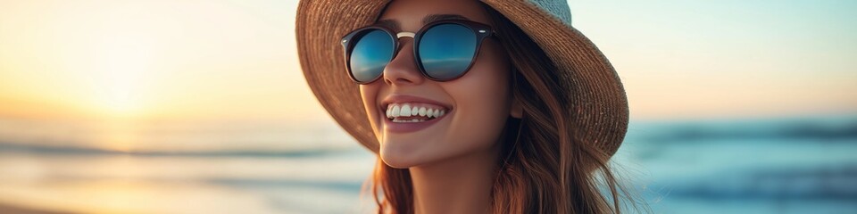 Fototapeta premium A woman wearing sunglasses and a straw hat is smiling at the camera. Concept of happiness and relaxation, as the woman is enjoying her time at the beach