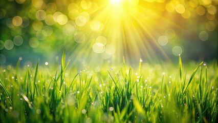 Obraz premium Natural grass field background with blurred bokeh and sun , nature, outdoor, green, summer, sunlight, landscape, environment