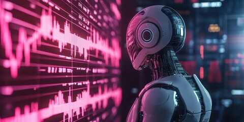 Futuristic robot analyzing data on a digital interface with vibrant pink elements and intricate circuitry background.