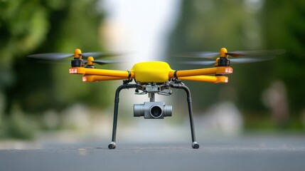 A vibrant yellow drone with an attached camera, hovering on a road surrounded by greenery, showcasing modern technology in action.