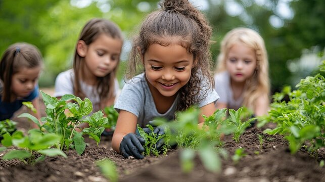 A group of children planting seeds in a community garden, learning about nature and sustainability.