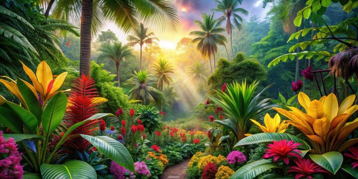 Vibrant tropical forest with colorful flowers perfect for creating a paradise background, tropical, forest, vibrant, flowers