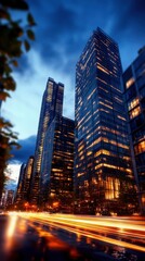 A stunning city skyline at dusk with illuminated skyscrapers reflecting the evening lights, creating a vibrant urban atmosphere.