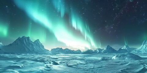 Naklejka premium Majestic aurora borealis illuminating a breathtaking icy landscape with mountains under a starry sky.