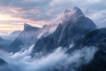 A majestic mountain range with a valley shrouded in thick fog, the peaks emerging through the cloud cover, illuminated by the soft, early morning light.