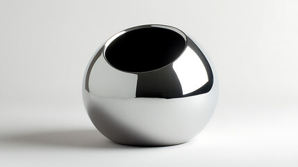 A shiny, chrome vase with a unique, spherical design.