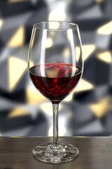 Glass of red wine on wooden table against wall with spotlights. Bar theme. Dark environment. 3d rendering.