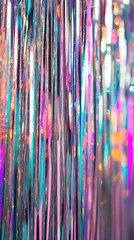 Vibrant holographic silver foil fringed backdrop for festive event design and decor