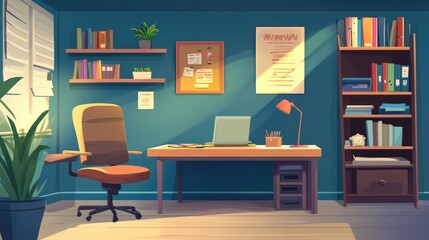 Fototapeta premium Office room design concept featuring office furniture including a table shelf and chair in a 2D cartoon style illustration