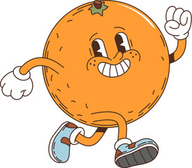 Cartoon groovy orange retro character. Isolated vector smiling citrus fruit runs joyously, waving its hands. Its eyes twinkle with mischief, and it wears cute shoes, portraying a active food personage