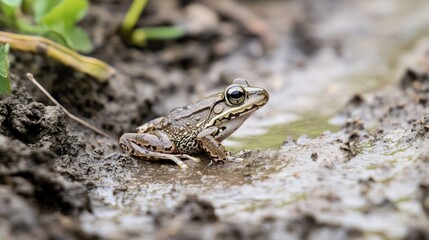 Obraz premium A small frog camouflaged against a muddy riverbank, barely noticeable as it blends into the natural environment.