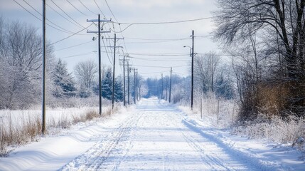 A snow-covered road, with electric poles and bare trees lining the path.