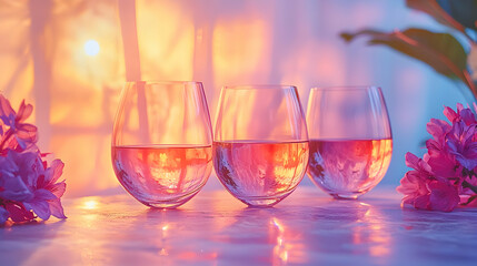 Pink Sunset with Wine Glasses and Flowers - Illustration