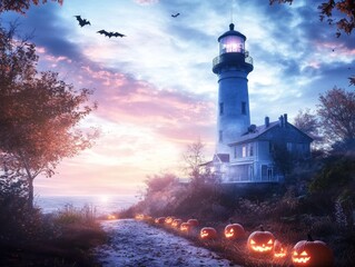 Haunted lighthouse glowing with eerie purple lights jack-o-lanterns lighting the path
