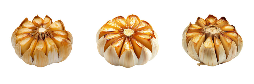 set of roasted garlic bulb cut in half golden-brown caramelization and cloves, isolated on a transparent background