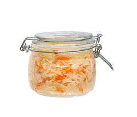 glass storage jar with fermented white cabbage with carrot isolated on white background.