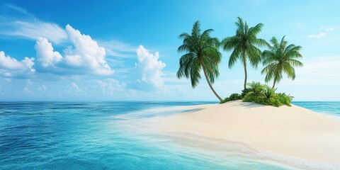 Tropical paradise with palm trees on a serene beach, featuring a clear blue sky and calm ocean waves for a tranquil getaway.