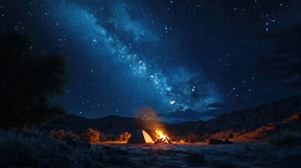 A starry night in a national park, with a campsite set up around a crackling fire, and the Milky Way clearly visible overhead.