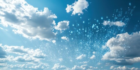 Vibrant blue sky filled with fluffy clouds and glowing particles creating a magical atmosphere of serenity and beauty.