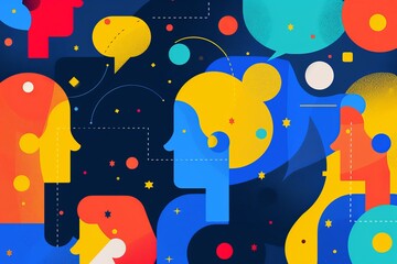 Fototapeta premium Colorful abstract illustration of people communicating and sharing ideas with speech bubbles