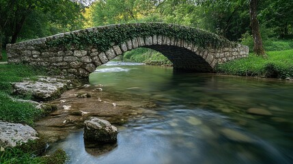 Fototapeta premium A stone footbridge with ivy growing along the sides, spanning a clear, shallow river.