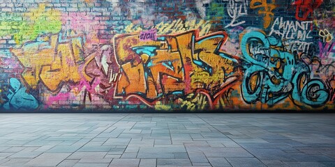 Fototapeta premium Vibrant graffiti art on a wall, showcasing colors and urban creativity in a lively street setting.