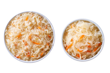 fermented white cabbage with carrot in a white ceramic bowl isolated on white background. Top view.