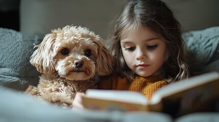 A child reading a bedtime story to their pet, fostering a bond of companionship and love.