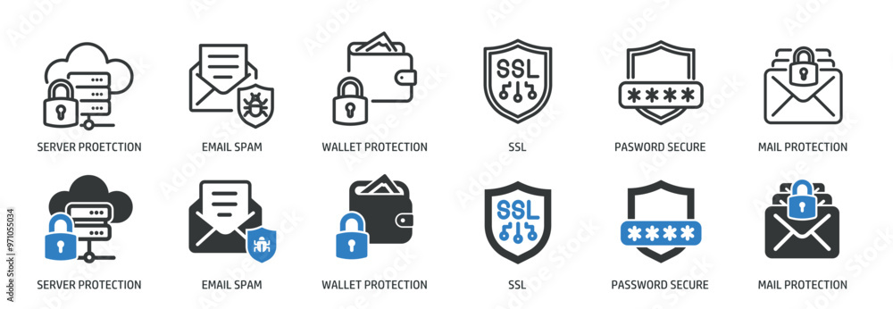 Poster cyber security line and glyph solid icons collection. minimal icon and symbol series vector illustra