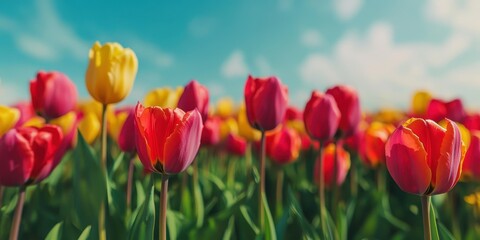 Vibrant tulip field under a clear blue sky, showcasing a beautiful array of colorful blooms in spring. Nature's stunning display.