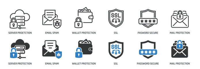 Cyber security line and glyph solid icons collection. Minimal icon and symbol series vector illustration