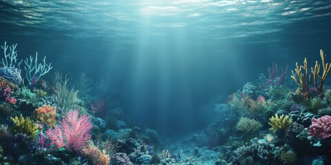 Fototapeta premium Vibrant underwater landscape featuring colorful corals and rays of sunlight illuminating the ocean floor.