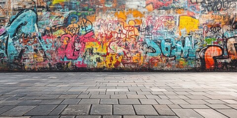 Fototapeta premium Vibrant urban graffiti wall showcasing colorful street art and textures, perfect for creative projects and backgrounds.