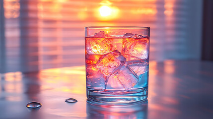 Glass of Water with Ice Cubes at Sunset - Photo