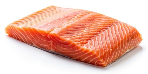 Freshly caught salmon fillet on a white background, showcasing the flaky pink flesh and prominent white muscle striations, highlighting its nutritional value and freshness.