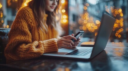 the Person using a cell phone and laptop at work, focusing on connectivity and productivity in a professional setting.