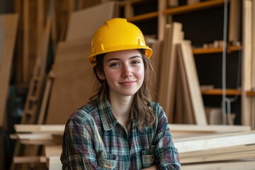A young woman wearing a yellow hard hat and plaid shirt is sitting confidently in a carpentry workshop with wood shelves in the background with genrative ai