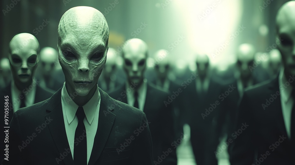 Poster A group of men in suits and ties with alien faces on their faces