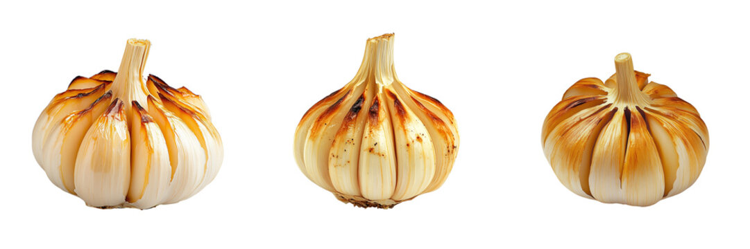 set of roasted garlic olden-brown caramelization and cloves, isolated on a transparent background