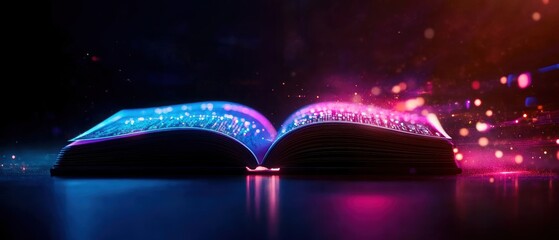 An open book illuminated with vibrant colors, representing knowledge and creativity in a magical, enchanting way.