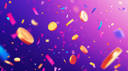 Naklejka premium Gold coins and confetti falling against a vibrant purple and pink background. Celebrate success and achievement with this joyful image.