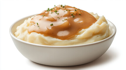 A bowl of mashed potatoes with gravy on top