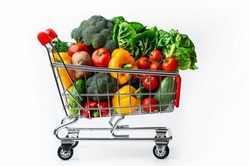 A shopping cart full of vegetables and fruits