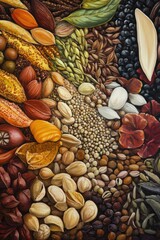 Obraz premium Oil painting showcasing a diverse assortment of seeds emphasizing the beauty and variety of a seed collection