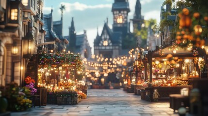 Medieval town square holding a Halloween market stands selling spooky trinkets and candles