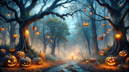 Fototapeta premium Enchanted Halloween forest with spooky trees, fog, and pumpkins, Halloween, enchanted, forest, spooky, trees, foggy, pumpkins