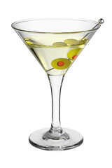 Glass with cocktail on transparent isolated background. Beverage with olives. Bar theme. Alcoholic drink. 3d rendering.
