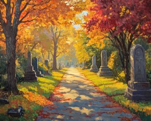 Naklejka premium Oil painting depicting a sunlit autumn day along a cemetery pathway surrounded by colorful foliage along the path