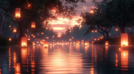 Fototapeta premium Floating lanterns glowing over a serene river, creating a warm and magical atmosphere, evening glowtime, peaceful and enchanting natural beauty, with realistic effects, true details style